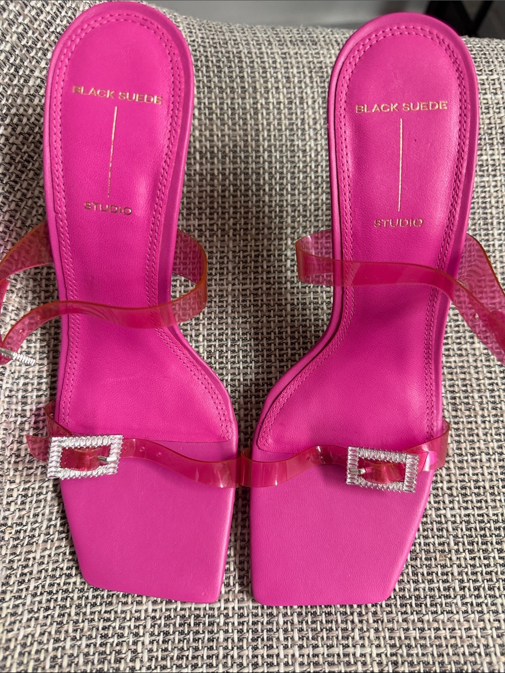Black Suede Studio pink pvc strap heels Size 8